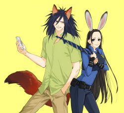 Rule 34 | 1boy, 1girl, animal ears, artist request, black eyes, black hair, rabbit ears, cellphone, crossover, disney, fox ears, fox tail, grin, long hair, looking at another, looking at viewer, naruto, naruto (series), parody, police, police badge, police uniform, policewoman, simple background, smartphone, tail, uchiha madara, uniform, upper body, yellow background, zootopia