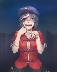 Rule 34 | 1girl, beret, black hair, blondy (ldlong), blue eyes, breasts, cleavage, covered erect nipples, fangs, finger in own mouth, hat, highres, jiangshi, large breasts, looking at viewer, miyako yoshika, mouth pull, navel, ofuda, open mouth, scar, sharp teeth, solo, star (symbol), stitches, teeth, touhou