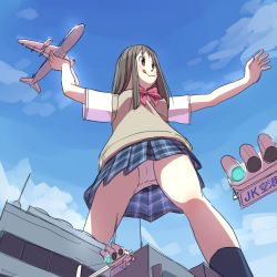 Rule 34 | 1girl, :&gt;, aircraft, airplane, brown hair, city, from below, giant, giantess, panties, pantyshot, playing, school uniform, shapoco, sky, tongue, tongue out, underwear