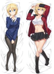 Rule 34 | 10s, 1girl, arms up, bed sheet, black footwear, black neckwear, black pantyhose, black skirt, blonde hair, blue eyes, blue shirt, bra, braid, breasts, cleavage, closed mouth, clothes pull, collar, cowboy shot, crop top, dakimakura (medium), darjeeling (girls und panzer), girls und panzer, hair between eyes, hand on own chin, hands up, highres, jacket, large breasts, long sleeves, looking at viewer, lying, midriff, multiple views, navel, necktie, no pants, on back, open clothes, open jacket, open mouth, open shirt, pantyhose, parted lips, pleated skirt, pulled by self, red jacket, red shirt, shirt, shirt pull, short hair, skirt, thighs, tonee, underwear, white background, white bra, white shirt