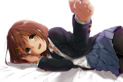Rule 34 | 1girl, brown eyes, brown hair, hair ornament, hairclip, highres, hirasawa yui, k-on!, kagiana, looking at viewer, open clothes, open mouth, open shirt, pantyhose, reaching, reaching towards viewer, short hair, skirt, smile, solo, white background