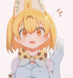 Rule 34 | 1girl, animal ears, bare shoulders, blonde hair, blush, bow, bowtie, cat ears, cat girl, elbow gloves, extra ears, fang, gloves, hair between eyes, highres, kemono friends, looking at viewer, multicolored hair, open mouth, orange eyes, print bow, print bowtie, serval (kemono friends), serval print, shirt, short hair, sidelocks, sleeveless, solo, wamawmwm, waving, white gloves, white shirt