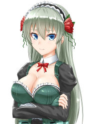 Rule 34 | 1girl, black hairband, blue eyes, blush, bow, bowtie, breasts, cleavage, closed mouth, collarbone, crossed arms, detached collar, dress, female focus, fingerless gloves, flower, frills, gloves, green dress, green gloves, green hair, hair between eyes, hair flower, hair ornament, hairband, highres, kayama kouji, large breasts, lips, long hair, long sleeves, looking at viewer, magical girl, mahou shoujo tokushusen asuka, maid headdress, mole, mole under eye, neck, no bra, ootorii asuka, puffy long sleeves, puffy sleeves, red bow, red bowtie, red flower, shiny clothes, shiny skin, simple background, smile, solo, upper body, very long hair, white background