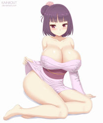 Rule 34 | 1girl, artist name, bare shoulders, barefoot, blunt bangs, blush, breasts, cleavage, clothes lift, come hither, detached sleeves, flower, full body, hair flower, hair ornament, huge breasts, japanese clothes, kainkout, kimono, kimono lift, legs, lifting own clothes, looking at viewer, no panties, obi, original, purple eyes, purple hair, sash, short hair, sitting, smile, solo, thighs, yokozuwari