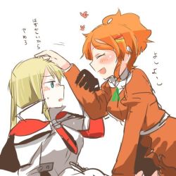Rule 34 | 10s, 2girls, aquila (kancolle), black gloves, blonde hair, blue eyes, blush, commentary request, from side, gloves, graf zeppelin (kancolle), hair ornament, hairclip, hand on another&#039;s head, headpat, kantai collection, lowres, multiple girls, open mouth, orange hair, rebecca (keinelove), sidelocks, sketch, smile, sweat, text focus, translation request, twintails
