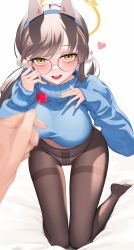 Rule 34 | 1girl, absurdres, animal ears, blue archive, blue sweater, blurry, blurry foreground, breasts, brown hair, brown pantyhose, candy, cropped sweater, fake animal ears, food, glasses, hair ornament, hair tuft, hairband, halo, heart, highres, holding, holding candy, holding food, holding lollipop, knees together feet apart, large breasts, light brown hair, lollipop, long hair, long sleeves, looking at viewer, midriff, moe (blue archive), open mouth, panties, panties under pantyhose, pantyhose, pom pom (clothes), pom pom hair ornament, pov, pov hands, rabbit ears, round eyewear, shibasoda, simple background, sleeves past wrists, smile, sweater, swept bangs, taut clothes, taut sweater, thigh gap, thighband pantyhose, turtleneck, turtleneck sweater, twintails, underwear, upturned eyes, yellow eyes
