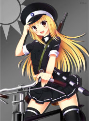 Rule 34 | 1girl, :d, assault rifle, bicycle, black skirt, blonde hair, blush, brown eyes, china, grey background, gun, hat tip, kukan, long hair, looking at viewer, open mouth, pleated skirt, police, police uniform, rifle, simple background, skirt, smile, solo, taiwan, thighhighs, uniform, very long hair, weapon, zettai ryouiki