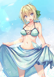 Rule 34 | 1girl, absurdres, bikini, blonde hair, braid, braided bangs, braided bun, breasts, clothes lift, commentary request, cowboy shot, hair bun, highres, kantai collection, long hair, looking at viewer, medium breasts, official alternate costume, perth (kancolle), purple eyes, sarong, sarong lift, smile, solo, striped bikini, striped clothes, swimsuit, yashin (yasinz)