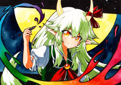 Rule 34 | 1girl, black border, blue background, border, bow, closed mouth, dress, ex-keine, gem, green dress, green hair, hair between eyes, hand up, horns, kamishirasawa keine, long hair, looking at viewer, moon, pencil, qqqrinkappp, red bow, red neckwear, short sleeves, smile, solo, touhou, traditional media, white sleeves, yellow eyes, yellow moon