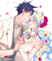 Rule 34 | + +, 1boy, 1girl, artist name, bare shoulders, blue hair, blush, bow, bowtie, bride, couple, cross-shaped pupils, crying, crying with eyes open, dress, earrings, elbow gloves, flower, formal, gearous, gem, gloves, groom, hair between eyes, hair flower, hair ornament, hand on shoulder, happy, hetero, holding hands, husband and wife, interlocked fingers, jewelry, long hair, nia teppelin, parted lips, petals, red flower, red rose, rose, rose petals, short hair, simon (ttgl), sleeveless, sleeveless dress, smile, suit, symbol-shaped pupils, tears, tengen toppa gurren lagann, tuxedo, veil, very long hair, watermark, wedding, white background, white dress, white gloves, white suit
