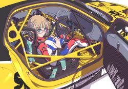 Rule 34 | 1girl, ahoge, aqua eyes, blonde hair, car, carbon fiber, glasses, harness, helmet, highres, light smile, long sleeves, looking at viewer, low twintails, mazda, mazda rx-7, mazda rx-7 fd, motor vehicle, nenchi, original, race vehicle, racecar, racing suit, right-hand drive, rollcage, sitting, solo, twintails, vehicle interior, white background