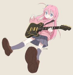 Rule 34 | 1girl, 33 koni, :d, @ @, bocchi the rock!, brown background, brown footwear, commentary, cube hair ornament, electric guitar, english commentary, from below, gotoh hitori, guitar, guitar hero ni naritai ime-chan (vocaloid), hair ornament, highres, instrument, jacket, kneehighs, long hair, looking at viewer, music, open mouth, pink hair, pink jacket, playing instrument, raised eyebrows, shoe soles, side ahoge, sidelocks, signature, simple background, sketch, skirt, smile, socks, solo