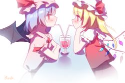 Rule 34 | 2girls, artist name, baozishark, bat wings, blonde hair, blue hair, blush, commentary request, cup, dress, drinking glass, drinking straw, eye contact, flandre scarlet, from side, hat, hat ribbon, highres, incest, looking at another, mob cap, multiple girls, pink dress, pink hat, puffy short sleeves, puffy sleeves, red eyes, red ribbon, red vest, remilia scarlet, ribbon, shared drink, short hair, short sleeves, siblings, side ponytail, sisters, touhou, vest, white hat, wings, yuri