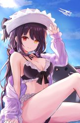 Rule 34 | 1girl, absurdres, aircraft, arm up, bikini, black bikini, black bow, black hair, blue sky, bow, breasts, choker, clock eyes, closed mouth, cloud, date a live, day, flower, frilled bikini, frilled choker, frills, hair flower, hair ornament, hat, hat bow, heterochromia, highres, large breasts, long hair, looking at viewer, off shoulder, outdoors, pink flower, pink rose, pink shirt, red eyes, rose, shirt, sitting, sky, smile, solo, sun hat, swimsuit, symbol-shaped pupils, thighs, toki (rumukio), tokisaki kurumi, twintails, yellow eyes