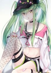Rule 34 | 1girl, absurdres, bandaid, bandaid on leg, baseball cap, belt, budgiepon, c.c., code geass, cosplay, cosplay request, cropped shirt, fishnet thighhighs, fishnets, green hair, groin, hat, highres, hololive, knee up, looking at viewer, multicolored nails, nail polish, navel piercing, piercing, pink nails, scar, short shorts, shorts, sidelocks, single thighhigh, sitting, solo, thighhighs, thighs, tokoyami towa, tokoyami towa (cosplay), twintails, virtual youtuber, white background, white thighhighs, yellow eyes, yellow nails