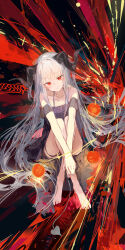 1girl absurdres apple barefoot black_dress black_nails butterfly_sitting demon_girl demon_tail dress food fruit grey_hair highres horns ichika_(ichika87) knees_up long_hair looking_at_viewer multicolored_background off-shoulder_dress off_shoulder original red_eyes sitting solo tail thigh_strap white_hair