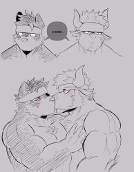 Rule 34 | animal ears, bara, blush, body hair, bulge, chest hair, couple, cow boy, cow ears, cow horns, english text, facial hair, furry, furry male, furry with furry, goatee, grabbing, headband, highres, horkeu kamui, horns, kiss, large pectorals, male focus, manly, muscular, partially colored, pectoral docking, pectoral grab, pectoral press, pectorals, pinkblood, shennong (housamo), short hair, sideburns, sketch, tokyo houkago summoners, topless male, two-tone fur, upper body, wolf boy, wolf ears, yaoi, yellow eyes