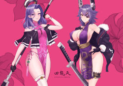 Rule 34 | 2girls, bare shoulders, black gloves, blush, breasts, china dress, chinese clothes, cleavage, closed mouth, covered erect nipples, cowboy shot, dragon, dragon print, dress, eastern dragon, eyepatch, gloves, hair between eyes, hair ornament, halo, headgear, highres, holding, holding weapon, jacket, kantai collection, katana, large breasts, long hair, looking at viewer, mechanical halo, multiple girls, navel, odachu, panties, partially fingerless gloves, purple eyes, purple hair, short hair, side-tie panties, simple background, smile, standing, sword, tatsuta (kancolle), tenryuu (kancolle), thigh strap, thighhighs, underwear, weapon