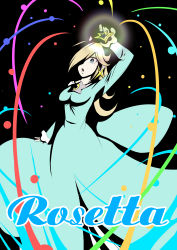 Rule 34 | 1girl, arm up, black background, blonde hair, blue dress, blue eyes, breasts, bright pupils, character name, dress, earrings, english text, glowing, hair over one eye, holding, holding star, jewelry, kurachi mizuki, long dress, long hair, looking at viewer, mario (series), medium breasts, nintendo, open mouth, rosalina, solo, star (symbol), star earrings, super mario galaxy, white pupils