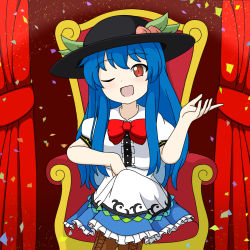 Rule 34 | 1girl, ;d, apron, armchair, black hat, blue hair, blue skirt, boots, bow, bowtie, brown background, brown footwear, buttons, center frills, chair, collar, collared shirt, confetti, cross-laced footwear, crossed legs, curtains, dot nose, feet out of frame, food, frilled shirt, frilled skirt, frills, fruit, fruit hat ornament, hair between eyes, hand up, hat, highres, hinanawi tenshi, leaf, long hair, looking at viewer, okamochi (pi-chiki), on chair, one eye closed, open mouth, peach, puffy short sleeves, puffy sleeves, rainbow, red background, red bow, red bowtie, red eyes, shirt, short sleeves, sitting, skirt, smile, solo, touhou, white apron, white shirt