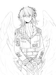 Rule 34 | 1girl, cropped jacket, e.g.o (project moon), faust (project moon), feathered wings, greyscale, highres, ivy (675671), laurels, limbus company, long sleeves, looking at viewer, monochrome, project moon, ribbed sweater, short hair, solo, sweater, upper body, wings