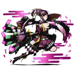 Rule 34 | 10s, 1girl, black footwear, boots, breasts, detached sleeves, divine gate, from side, full body, hand fan, holding, holding fan, jewelry, kaguya (divine gate), large breasts, long hair, official art, ponytail, purple hair, purple ribbon, ribbon, ring, sash, shadow, sideboob, solo, taketori monogatari, transparent background, ucmm, yellow eyes