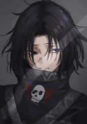 Rule 34 | 1boy, black hair, blue eyes, commentary request, feitan portor, hair over eyes, highres, hunter x hunter, looking to the side, male focus, nenene a2023, short hair, simple background, solo, upper body