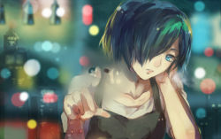 Rule 34 | 10s, 1girl, blue eyes, blue hair, building, collarbone, copyright name, finger writing, fuurin, glass writing, gradient background, hair over one eye, kirishima touka, lights, lips, matching hair/eyes, parted lips, reflection, short hair, skyscraper, solo, tokyo ghoul, tokyo ghoul:re, window, writing, drawing on fourth wall