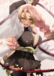 Rule 34 | 1girl, :d, absurdres, arm up, belt, belt buckle, black jacket, black skirt, black thighhighs, blush, braid, breasts, buckle, cleavage, cowboy shot, gradient hair, green eyes, green hair, haori, highres, holding, holding weapon, holding whip, jacket, japanese clothes, kanroji mitsuri, kimetsu no yaiba, large breasts, long sleeves, looking at viewer, miniskirt, mole, mole under eye, multicolored hair, no-kan, no bra, open clothes, open jacket, open mouth, open shirt, petals, pink hair, pleated skirt, shirt, skirt, smile, solo, teeth, thighhighs, twin braids, unbuttoned, weapon, whip, white shirt, zettai ryouiki