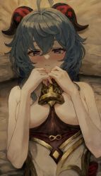 Rule 34 | 1girl, ahoge, bare arms, bare shoulders, bed sheet, between breasts, blue hair, blush, breasts, breasts out, closed mouth, convenient arm, corset, cowbell, ganyu (genshin impact), genshin impact, hair between eyes, highres, horns, looking at viewer, lying, medium breasts, nose blush, on back, on bed, own hands together, pillow, purple eyes, short hair, sleeveless, smile, solo, sonchi, upper body