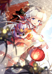 Rule 34 | 1girl, @ @, ahoge, azur lane, blue eyes, blunt bangs, blurry, cloud, commentary request, day, depth of field, flower, hair flower, hair ornament, highres, holding, holding lantern, illustrious (azur lane), lantern, long hair, outdoors, paper lantern, poster (object), sky, solo, thighhighs, thighs, white hair, white thighhighs, yetworldview kaze, zettai ryouiki