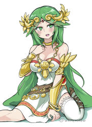 Rule 34 | 1girl, arm between legs, arm guards, arm support, blush, breasts, chain necklace, choker, cleavage, dress, green eyes, green hair, hair ornament, hand on own chest, jewelry, kid icarus, large breasts, long hair, necklace, nintendo, on floor, open mouth, palutena, pendant, shadow, simple background, sitting, smile, solo, strapless, strapless dress, thighhighs, tiara, very long hair, wariza, white-stew, white background, white dress, white thighhighs, zettai ryouiki