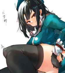 Rule 34 | ascot, beret, black gloves, black hair, black thighhighs, blue hat, blue jacket, breasts, gloves, hat, highres, jacket, kantai collection, large breasts, military uniform, red eyes, short hair, simple background, sunday aki, takao (kancolle), thick thighs, thighhighs, thighs, translation request, uniform, white ascot, white background