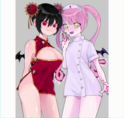 Rule 34 | 2girls, black hair, chinese clothes, cleavage cutout, clothing cutout, corona-chan, coronavirus, ebola-chan, fang, fang out, highres, multiple girls, nurse, original, personification, pink hair, red eyes, revealing clothes, skin fang, skirt, tagme, twintails