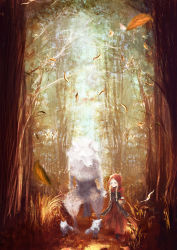 Rule 34 | apple, autumn, basket, big bad wolf, blonde hair, blurry, braid, depth of field, dog, dress, food, forest, fruit, good end, grass, highres, holding hands, hood, leaf, little red riding hood, little red riding hood (grimm), long hair, muted color, nature, orange theme, pale skin, path, popopo (popopo5656), puppy, red dress, road, scenery, smile, sunlight, tree, twin braids, walking, wolf