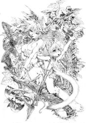 Rule 34 | 2girls, apple, breasts, eating, fangs, food, fruit, furry, hand net, katzeh, leaf, licking, long hair, looking at viewer, monochrome, multiple girls, net, nipples, plant, pussy, reaching, slit pupils, star (symbol), tail, tongue, tree, weapon