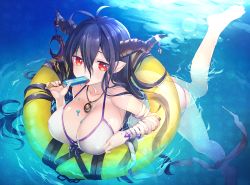 Rule 34 | 10s, 1girl, afloat, bandages, bikini, black hair, breasts, cleavage, crescent, danua, draph, female focus, floating hair, food, granblue fantasy, horn ornament, horns, innertube, jewelry, large breasts, long hair, messy, namanie, necklace, pendant, pointy ears, popsicle, red eyes, solo, swim ring, swimsuit, tongue, tongue out, water, white bikini