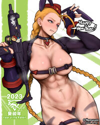 Rule 34 | 1girl, abs, adapted costume, animal ears, antenna hair, artist name, belt bra, beret, blonde hair, blue eyes, braid, breasts, cammy white, chinese zodiac, choker, cleavage, clenched teeth, covered erect nipples, detached collar, fake animal ears, fingerless gloves, gloves, gun, happy new year, hat, hershuar, highleg, highleg leotard, charm (object), large breasts, leotard, machine gun, machine pistol, maebari, meme attire, muscular, muscular female, navel, necktie, new year, playboy bunny, rabbit ears, rabbit charm, reverse bunnysuit, reverse outfit, scar, scar on face, shrug (clothing), solo, stomach, street fighter, street fighter v, submachine gun, teeth, thigh strap, thighs, twin braids, uzi, weapon, year of the rabbit