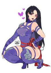 1girl bare_shoulders breasts elbow_gloves gloves highleg highleg_leotard highres kamii_momoru large_breasts leotard long_hair looking_at_viewer marvel marvel_rivals psylocke purple_eyes purple_hair sash solo superhero_costume thighhighs x-men