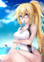 Rule 34 | 1girl, arm at side, bare arms, bare legs, bare shoulders, bespectacled, blonde hair, blue eyes, breast hold, breasts, cleavage, commentary request, competition swimsuit, covered navel, cowboy shot, day, dolphin, eyes visible through hair, fate/grand order, fate (series), glasses, hane yuki, highleg, highleg swimsuit, highres, impossible clothes, jeanne d&#039;arc (fate), jeanne d&#039;arc (ruler) (fate), jeanne d&#039;arc (swimsuit archer) (fate), jeanne d&#039;arc (swimsuit archer) (second ascension) (fate), large breasts, long hair, looking at viewer, one-piece swimsuit, outdoors, ponytail, sitting, solo, swimsuit, very long hair, water