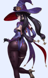 Rule 34 | 1girl, ass, black hair, black pantyhose, blush, breasts, cape, from behind, genshin impact, gloves, green eyes, hair ornament, hat, high heels, highres, kuka, leotard, long hair, looking at viewer, looking back, medium breasts, mona (genshin impact), nuker (nukerdraws), pantyhose, shiny clothes, sideboob, simple background, solo, thigh strap, thighlet, thighs, twintails, very long hair