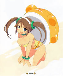 Rule 34 | 1girl, backpack, bag, bare legs, bare shoulders, barefoot, blue eyes, blush, bracelet, breasts, brown hair, cleavage, hair ornament, hands on ground, highres, jewelry, kneeling, large breasts, legs, legs apart, long hair, looking at viewer, minori (senran kagura), neck bell, necklace, one-piece swimsuit, open mouth, own hands together, revealing clothes, senran kagura, smile, solo, swimsuit, thighs, twintails, yaegashi nan, yellow one-piece swimsuit