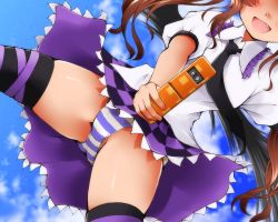 Rule 34 | 1girl, :d, black thighhighs, brown hair, cellphone, checkered clothes, checkered skirt, dr rex, fang, female focus, head out of frame, himekaidou hatate, holding, necktie, open mouth, panties, pantyshot, phone, skirt, smile, solo, striped clothes, striped panties, thighhighs, touhou, twintails, underwear, upskirt