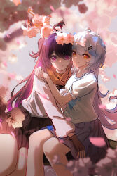 Rule 34 | 2girls, ahoge, animal, animal on head, arm around neck, bird, bird on head, black gloves, black skirt, blue hair, blurry, blurry foreground, borrowed character, closed mouth, falling petals, fingerless gloves, gloves, hair between eyes, hair over one eye, highres, liu liaoliao, long hair, long sleeves, looking at viewer, multicolored hair, multiple girls, on head, one side up, original, petals, purple eyes, purple hair, scarf, shirt, short sleeves, sitting, skirt, smile, white hair, white shirt, yellow eyes, yellow scarf, yile (liu liaoliao)