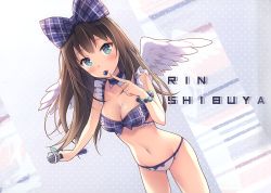 Rule 34 | 1girl, absurdres, angel wings, blue bow, blue bra, blush, bow, bra, breasts, brown hair, character name, choker, cleavage, collarbone, cowboy shot, feathered wings, floating hair, green eyes, groin, hair bow, highres, holding, holding microphone, idolmaster, idolmaster cinderella girls, long hair, looking at viewer, medium breasts, microphone, mouth hold, navel, nyanya, open mouth, outstretched arm, panties, plaid, plaid bow, plaid bra, shibuya rin, solo, standing, underwear, underwear only, very long hair, white panties, white wings, wings