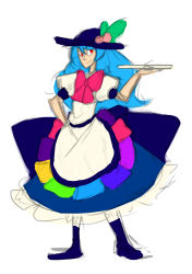 Rule 34 | 1girl, abstract cactus, adapted costume, apron, bad id, bad pixiv id, blue hair, bow, food, fruit, hat, hinanawi tenshi, maid, maid apron, peach, puffy sleeves, red eyes, sketch, smile, touhou, tray