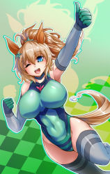 Rule 34 | 1girl, akatsuki kirika, akatsuki kirika (cosplay), animal ears, blue eyes, blush, breasts, commission, cosplay, covered navel, elbow gloves, gloves, green eyes, green leotard, hair ornament, highres, horse ears, horse girl, horse tail, impossible clothes, impossible leotard, kiyukisuke, large breasts, leotard, light brown hair, medium hair, one eye closed, open mouth, pixiv commission, ponytail, senki zesshou symphogear, shiny clothes, shiny skin, skin tight, smile, solo, star (symbol), star hair ornament, striped clothes, striped thighhighs, taiki shuttle (umamusume), tail, thighhighs, thighs, umamusume