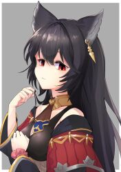 Rule 34 | 1girl, animal ears, bare shoulders, black hair, border, breasts, closed mouth, commentary request, earrings, erune, granblue fantasy, grey background, hair between eyes, hand on own chest, highres, jewelry, long hair, looking at viewer, medium breasts, nier (granblue fantasy), outside border, red eyes, simple background, single earring, solo, white border, zooanime