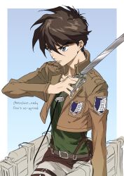 1boy absurdres blue_background blue_eyes bow bowtie brown_hair brown_jacket cropped_jacket galaxy_expedition_team_survey_corps_uniform green_shirt gundam gundam_wing hair_between_eyes harness heero_yuy highres holding holding_weapon jacket long_sleeves male_focus mashiro_andy pants shingeki_no_kyojin shirt short_hair solo three-dimensional_maneuver_gear twitter_username upper_body weapon white_bow white_bowtie white_pants