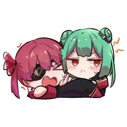 Rule 34 | &gt; &lt;, 2girls, angry, chibi, closed mouth, green hair, highres, hololive, houshou marine, miaoema, multiple girls, open mouth, pirate, pirate costume, red eyes, red hair, short hair, sweat, twintails, uruha rushia, virtual youtuber